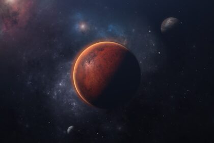an artist's rendering of a red planet in space