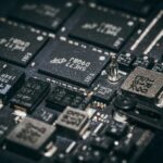 Close-up of a complex electronic circuit board with many components.