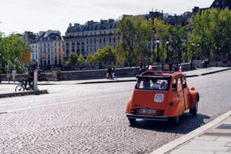 orange vehicle running on park