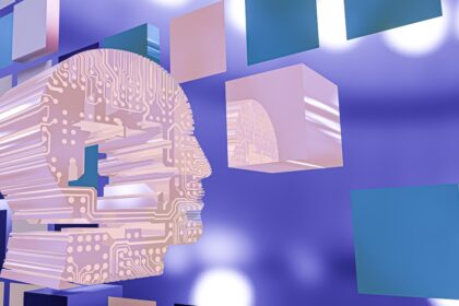 a person's head with a circuit board in the background