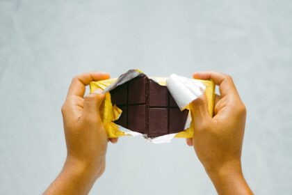 a person holding a piece of chocolate in their hands