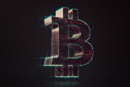 A shiny bitcoin logo on a black background