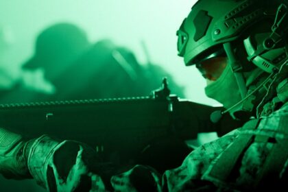 Soldier aiming rifle in green night vision