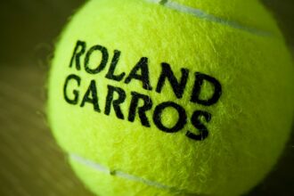 Close-up of a roland garros tennis ball.