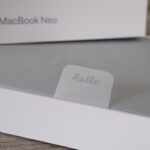 Macbook neo box with a hello sticker