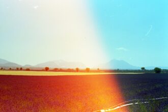 the sun is shining brightly over a field