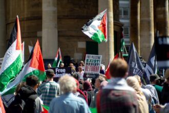 a large group of people holding flags and signs