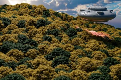 a large object flying over a lush green hillside