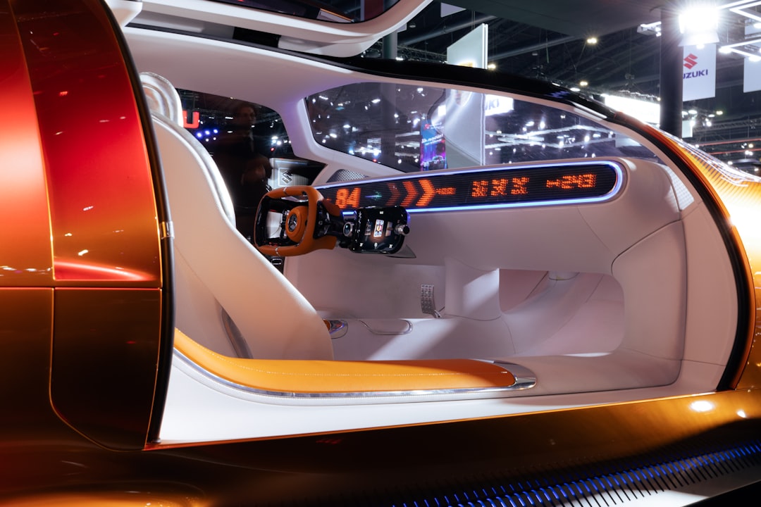 The interior of a futuristic car is shown
