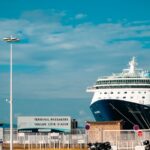 A cruise ship docks at the port.