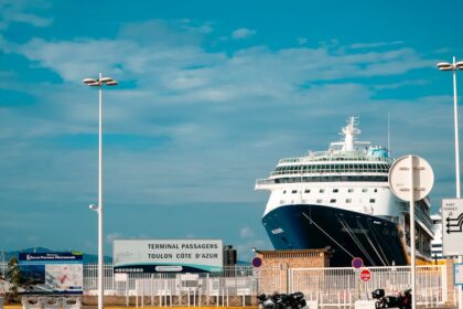 A cruise ship docks at the port.