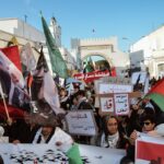 A large group of people holding flags and signs