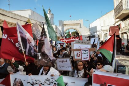 A large group of people holding flags and signs