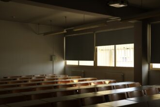 An empty classroom with no students in it
