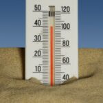 A thermometer in the sand with a blue sky in the background