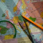 Map of europe with drawing tools and pencil