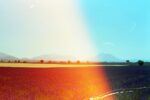 the sun is shining brightly over a field