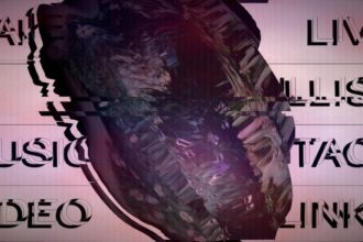 Glitching heart with text overlay