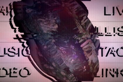 Glitching heart with text overlay