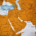 Close-up of a world map showing the middle east.