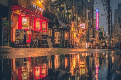 a city street with a puddle in the middle of it
