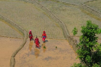 a group of people walking across a muddy field