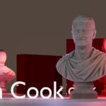 Classical busts and "tim cook" text under dramatic lighting