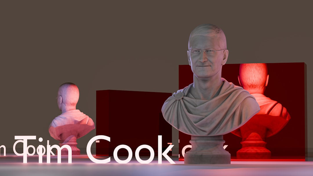 Classical busts and "tim cook" text under dramatic lighting
